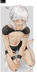 Rule 34 | 1boy, barefoot, bite mark on chest, bite mark on stomach, black shirt, black shorts, blush, bound, bound wrists, collarbone, cuffs, cum, cum in mouth, cyno (genshin impact), from above, full body, genshin impact, hair over one eye, hand on own knee, handcuffs, highres, kneeling, looking at viewer, male focus, medium hair, nipples, open mouth, parted bangs, red eyes, revealing clothes, robbing neighbor, shirt, shorts, simple background, solo, suggestive fluid, sweatdrop, torn clothes, torn shorts, trembling, white hair
