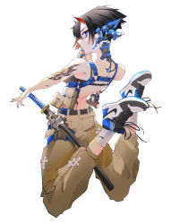 Rule 34 | 1girl, absurdres, air jordan, air jordan 1, belt, black hair, blue eyes, blue nails, closed mouth, cross, cyberpunk, fingernails, from behind, full body, hand on own face, highres, horns, katana, looking at viewer, looking back, mechanic, nail polish, nike (company), oni horns, original, pants, pouch, sharp fingernails, sheath, sheathed, shoes, short hair, simple background, sneakers, socks, solo, sword, tattoo, tomboy, vinne, weapon, white background