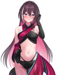 Rule 34 | 1girl, absurdres, azki (1st costume) (hololive), azki (hololive), bare shoulders, blush, colored inner hair, criss-cross halter, elbow gloves, gloves, halterneck, highres, hololive, kumarang, long hair, midriff, multicolored hair, navel, panties, parted lips, pink hair, purple eyes, revealing clothes, simple background, solo, streaked hair, underwear, virtual youtuber, white background, white hair