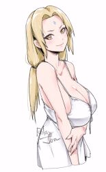 Rule 34 | 1girl, arm under breasts, artist name, blonde hair, breasts, cleavage, closed mouth, collarbone, cropped torso, dress, facial mark, forehead, forehead mark, from side, hair intakes, huge breasts, large breasts, long hair, looking at viewer, low ponytail, naruto, naruto (series), relaxjon, simple background, smile, solo, tsunade (naruto), white background, white dress, yellow eyes