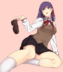 Rule 34 | 1girl, fate/stay night, fate (series), hair ribbon, highres, holding, holding shoes, homurahara academy school uniform, kirisato itsuki, long hair, matou sakura, purple eyes, purple hair, ribbon, school uniform, shoes, solo