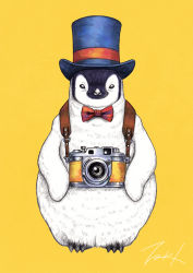 Rule 34 | animal, animal focus, bird, bow, bowtie, camera, hat, hat ribbon, looking at viewer, no humans, original, penguin, red bow, red neckwear, red ribbon, ribbon, signature, simple background, takigraphic, top hat, yellow background