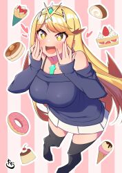 Rule 34 | + +, 1girl, :d, bare shoulders, black thighhighs, blonde hair, blush, breasts, cake, commentary, commentary request, core crystal (xenoblade), dessert, doughnut, dress, english commentary, food, full body, heart, highres, ice cream, ice cream crepe, large breasts, long hair, mixed-language commentary, mythra (xenoblade), off-shoulder dress, off shoulder, open mouth, osora (judithandlilith), pancake, pink background, pleated skirt, pudding, simple background, skirt, smile, solo, strawberry shortcake, striped background, swept bangs, thighhighs, tiara, two-tone background, white background, white skirt, xenoblade chronicles (series), xenoblade chronicles 2, yellow eyes