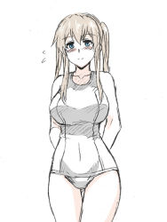 Rule 34 | 10s, 1girl, blonde hair, blue eyes, blush, breasts, female focus, flying sweatdrops, graf zeppelin (kancolle), henshako, kantai collection, large breasts, long hair, looking at viewer, one-piece swimsuit, school swimsuit, simple background, solo, standing, swimsuit, twintails, white school swimsuit, white one-piece swimsuit