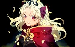 Rule 34 | 1girl, black bow, black dress, blonde hair, blush, bow, cape, commentary, dress, earrings, ereshkigal (fate), fate/grand order, fate (series), hair bow, high collar, infinity symbol, jewelry, light blush, light particles, lips, long hair, looking at viewer, oono imo, open mouth, parted bangs, petals, red cape, red eyes, skull, smile, solo, spine, standing, tiara, two side up, upper body, wind