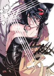 Rule 34 | 1girl, absurdres, animification, bandaid, bandaid on face, bandaid on nose, batman (series), black eyes, black hair, bodysuit, breasts, catwoman, claws, cleavage, collarbone, dc comics, goggles, goggles on head, highres, kozaki yuusuke, large breasts, lips, looking at viewer, no bra, signature, smile, solo, whip