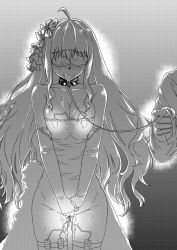 Rule 34 | 1boy, 1girl, ahoge, bad id, bad pixiv id, bare shoulders, blindfold, blush, breasts squeezed together, breasts, cleavage, clenched teeth, collar, collarbone, cowboy shot, discreet vibrator, dress, drooling, elbow gloves, flower, gloves, glowing, gluteal fold, greyscale, hair between eyes, hair flower, hair ornament, kongou (warship girls r), large breasts, leash, long hair, monochrome, nose blush, object insertion, own hands together, pussy juice, see-through, sex toy, solo focus, sweat, teeth, thighhighs, vaginal, vaginal object insertion, vibrator, vibrator in thighhighs, warship girls r, wedding dress, xiexilai