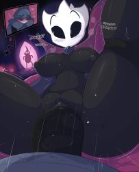 Rule 34 | 1boy, 1girl, artist logo, black sclera, black skin, blush, breasts, breasts apart, bright pupils, cape, clitoral hood, closed eyes, colored sclera, colored skin, couch, emphasis lines, english text, eternal emilitia, fat mons, gem, highres, holding leg, hollow knight, huge penis, indoors, inset, kilinah, large breasts, looking to the side, lying, motion lines, narrow waist, nipples, nude, on back, on couch, penis, pov, pov crotch, purple cape, pussy, pussy juice, raised eyebrows, sex, sound effects, spread legs, surprised, sweat, thick thighs, thighs, vaginal, veins, veiny penis, walk-in, white pupils, wide hips