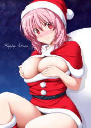 Rule 34 | 1girl, alternate costume, belt, blue background, boots, breasts, breasts out, capelet, christmas, closed mouth, commentary request, covering privates, covering breasts, dark background, dress, english text, gradient background, hair between eyes, hat, head tilt, highres, knee up, large breasts, looking at viewer, merry christmas, nori tamago, pink hair, pom pom (clothes), red capelet, red dress, red eyes, red footwear, red legwear, sack, saigyouji yuyuko, santa costume, santa hat, shading, short dress, short hair, sitting, smile, solo, sweat, thighs, touhou