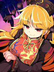 Rule 34 | 1girl, arm under breasts, black dress, blonde hair, breasts, chinese clothes, closed mouth, dress, dutch angle, harakune (mugennero), headgear, highres, junko (touhou), large breasts, long hair, long sleeves, looking at viewer, multicolored hair, neck ribbon, pom pom (clothes), red eyes, red tabard, ribbon, sidelocks, smile, smug, solo, space, star (symbol), starry background, swept bangs, tabard, touhou, upper body, upturned eyes, wide sleeves
