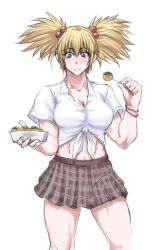 Rule 34 | 1girl, abs, blonde hair, blue eyes, blush, bracelet, breasts, buchou chinke, cleavage, food, frown, hair bobbles, hair ornament, holding, jewelry, large breasts, midriff, muscular, muscular female, nail polish, remy dadarne, shirt, simple background, skirt, solo, takoyaki, thighs, tied shirt, toothpick, twintails, white background, wrestle angels