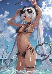 Rule 34 | 1girl, armpits, arms up, bikini, black bikini, blue archive, blue sky, cloud, dark-skinned female, dark skin, demon tail, eyewear on head, grey hair, halo, highres, iori (blue archive), iori (swimsuit) (blue archive), long hair, looking at viewer, ocean, official alternate costume, partially submerged, sky, solo, sunglasses, swimsuit, tail, the olphy, twintails, white hair