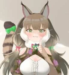 Rule 34 | 1girl, animal ears, bare shoulders, camouflage, cat ears, cat girl, cat tail, elbow gloves, extra ears, fingerless gloves, gloves, green eyes, grey hair, highres, jacket, jungle cat (kemono friends), kemono friends, kemono friends v project, long hair, looking at viewer, microphone, ribbon, scarf, shirotsu116478, shirt, simple background, solo, tail, twintails, upper body, virtual youtuber