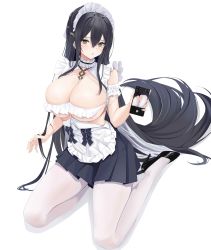 Rule 34 | 1girl, absurdres, apron, azur lane, black footwear, black hair, breasts, cellphone, choker, cleavage, commentary request, fake screenshot, full body, grey eyes, hair between eyes, high heels, highres, holding, holding phone, huge breasts, indomitable (azur lane), indomitable (ms. motivationless maid) (azur lane), kuyoumi, long hair, looking at viewer, maid, maid apron, maid headdress, pantyhose, parted lips, phone, pleated skirt, sidelocks, simple background, sitting, skirt, smartphone, solo, wariza, white background, white pantyhose
