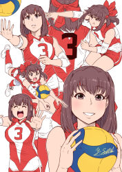 Rule 34 | 1girl, :d, :t, arm up, artist name, ball, brown eyes, brown hair, closed eyes, closed mouth, commentary, dive, elbow pads, frown, girls und panzer, grin, headband, highres, knee pads, kondou taeko, looking at viewer, medium hair, multiple views, open mouth, red headband, red shirt, red shorts, red socks, satou yasu, shirt, shoes, short shorts, shorts, signature, simple background, single vertical stripe, sleeveless, sleeveless shirt, smile, sneakers, socks, spiking, sportswear, standing, volleyball, volleyball (object), volleyball uniform, white background, white footwear