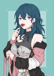 Rule 34 | 1girl, alternate costume, aqua background, aqua hair, bare shoulders, black nails, blue eyes, byleth (female) (fire emblem), byleth (fire emblem), candy, casual, coat, collarbone, earrings, fire emblem, fire emblem: three houses, food, highres, holding, holding food, jewelry, licking, lollipop, long hair, long sleeves, nail polish, necklace, nintendo, o-ring, off shoulder, open clothes, open coat, open mouth, ring, shimizu akina, skindentation, solo, tassel, tassel earrings, teeth, tongue, tongue out, torn clothes, two-tone background, upper body, upper teeth only