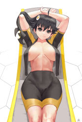 Rule 34 | 1girl, araragi karen, areola slip, arms up, bike shorts, black hair, breasts, cameltoe, cleft of venus, commentary, earrings, english commentary, high-waist shorts, jewelry, large breasts, long hair, looking at viewer, lying, monogatari (series), on back, shorts, side ponytail, solo, unzipped, wide hips, zefrableu