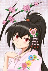 Rule 34 | 1girl, alternate costume, alternate hairstyle, black hair, branch, female focus, fingernails, floral print, flower, flower request, hair ornament, hair stick, hand on own chest, highres, japanese clothes, kimono, long hair, looking at viewer, mimi, mimix33, red eyes, reiuji utsuho, solo, touhou, upper body