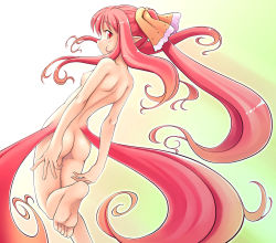 Rule 34 | 1girl, ass, barefoot, blush, feet, female focus, flat chest, from behind, garnet (shukufuku no campanella), gradient background, long hair, looking back, multiple tails, nana ashi, nipples, nude, pink hair, pointy ears, ponytail, red eyes, red hair, ribbon, shukufuku no campanella, solo, tail, very long hair