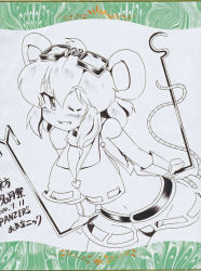 Rule 34 | 1girl, alternate costume, animal ears, blush, breasts, cleavage, dowsing rod, female focus, goggles, goggles on head, large breasts, leaning forward, monochrome, mouse ears, mouse tail, nazrin, okiraku nikku, shikishi, short hair, smile, solo, spot color, tail, touhou, traditional media, wink