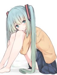 Rule 34 | 1girl, absurdres, ahoge, barefoot, blue skirt, blush, brown sweater, closed mouth, collared shirt, commentary request, green eyes, green hair, hair between eyes, hair in own mouth, hair ornament, hatsune miku, highres, hugging own legs, knees up, long hair, memekko, pleated skirt, shirt, sitting, skirt, solo, sweater, twintails, very long hair, vocaloid, white background, white shirt