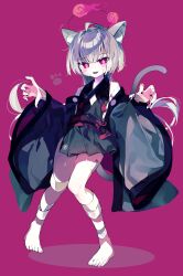Rule 34 | 1girl, absurdres, ahoge, animal ears, bandaged arm, bandaged leg, bandages, bare shoulders, barefoot, bell, blue archive, blush, cat ears, cat tail, clothing cutout, commentary, detached sleeves, fang, flat chest, gauze, gauze on cheek, grey hair, grey sleeves, highres, japanese clothes, jingle bell, long hair, looking at viewer, meto (metrin), open mouth, red background, red eyes, shuro (blue archive), simple background, smile, solo, symbol-only commentary, tail, wide sleeves
