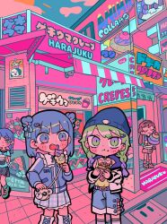 Rule 34 | 2girls, animal bag, beanie, belt, blue eyes, blue hair, blue headwear, blue jacket, blue skirt, blush, boots, closed mouth, collarbone, commentary, denim, denim shorts, double bun, eating, green eyes, green hair, hair bun, hat, highres, holding, holding ice cream cone, ice cream cone, jacket, multicolored hair, multiple girls, neon palette, original, outdoors, pink hair, pink theme, plaid, plaid skirt, pleated skirt, purple hair, shirt, shorts, skirt, socks, symbol-only commentary, terada tera, two-tone hair, white footwear, white jacket, white socks, yellow shirt