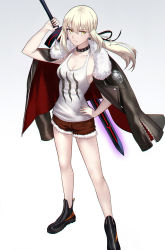 Rule 34 | 1girl, alternate costume, artoria pendragon (all), artoria pendragon (fate), boots, breasts, cleavage, contrapposto, cutoffs, earrings, excalibur morgan (fate), fate/grand order, fate/stay night, fate (series), fur-trimmed jacket, fur trim, hair between eyes, hand on own hip, highres, jacket, jacket on shoulders, jewelry, long hair, looking at viewer, medium breasts, saber alter, shigure s, short shorts, shorts, solo, studded choker, towel, weapon, weapon on back, white background, white towel, yellow eyes
