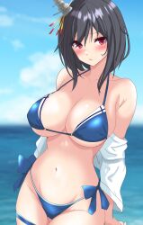 Rule 34 | 1girl, absurdres, bikini, black hair, blue bikini, blurry, blurry background, breasts, cleavage, closed mouth, cloud, collarbone, cosplay, day, embarrassed, hair ornament, halterneck, highres, kantai collection, large breasts, looking to the side, navel, nitamako (sakamalh), ocean, off shoulder, red eyes, shigure (kancolle), shigure (kancolle) (cosplay), shirt, short hair, sky, solo, swimsuit, white shirt, yamashiro (kancolle)