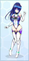 Rule 34 | 1girl, blue background, blue eyes, blue hair, bodysuit, boots, cyborg, full body, glowing, gradient background, hair between eyes, halterneck, head tilt, high heel boots, high heels, highres, honeycomb (pattern), honeycomb background, legs together, leotard, neon trim, ponytail, skin tight, skindentation, solo, standing, takahiiro, thigh boots, thighhighs, thighs, white thighhighs