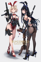 Rule 34 | 2girls, alternate costume, animal ears, ass, assault rifle, bare legs, black footwear, black gloves, black hair, blonde hair, blue bow, blue eyes, bow, bowtie, breasts, brown pantyhose, checkered floor, cleavage, closed mouth, commentary request, cup, detached collar, drinking glass, fake animal ears, full body, gloves, grey background, gun, hair bow, hair ribbon, handgun, highres, holding, holding gun, holding weapon, holster, holstered, inoue takina, kel-tec sub-2000, large breasts, leotard, long hair, looking at viewer, lycoris recoil, mac-10/11, magazine (weapon), multiple girls, neko (yanshoujie), nishikigi chisato, pantyhose, playboy bunny, purple eyes, rabbit ears, red bow, red bowtie, red eyes, red footwear, red leotard, red ribbon, ribbon, rifle, shoes, short hair, signature, simple background, small breasts, smile, standing, submachine gun, suppressor, table, thigh holster, vertical foregrip, weapon
