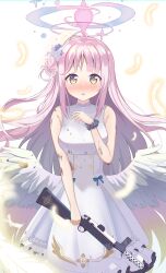 Rule 34 | 1girl, absurdres, angel wings, blue archive, blunt bangs, commentary request, dress, efu (ehutan), falling feathers, feathered wings, feathers, flower, gun, hair bun, hair flower, hair ornament, hair scrunchie, halo, highres, holding, holding gun, holding weapon, lanchester smg, long hair, looking at viewer, mika (blue archive), one side up, parted lips, pink hair, school uniform, scrunchie, sidelocks, simple background, single side bun, sleeveless, sleeveless dress, solo, submachine gun, surprised, turtleneck, turtleneck dress, weapon, white background, white dress, white feathers, white wings, wings, yellow eyes