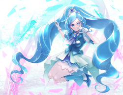 Rule 34 | 1girl, blue background, blue eyes, blue footwear, blue hair, blue skirt, blue vest, boots, breasts, cure fontaine, genoblaster, gloves, hair ornament, healin&#039; good precure, heart, heart hair ornament, high heel boots, high heels, highres, jewelry, jumping, long hair, looking at viewer, magical girl, necklace, pink background, precure, puffy short sleeves, puffy sleeves, sawaizumi chiyu, shirt, short sleeves, skirt, small breasts, split ponytail, tiara, very long hair, vest, white background, white gloves, white shirt