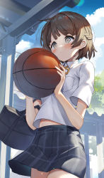 Rule 34 | 1girl, bag, ball, basketball, basketball (object), black skirt, blush, braid, brown hair, closed mouth, cloud, collared shirt, commentary request, copyright request, cowboy shot, day, grey eyes, hands up, highres, holding, holding ball, light particles, looking away, midriff peek, miniskirt, neck ribbon, outdoors, plaid, plaid skirt, pleated skirt, ribbon, scottie (phantom2), shirt, short hair, short sleeves, skirt, solo, standing, white shirt, yellow ribbon