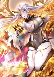 Rule 34 | 1girl, absurdres, bare shoulders, blonde hair, breasts, closed mouth, colored inner hair, covered navel, facial mark, fingernails, fire emblem, fire emblem heroes, grey hair, gullveig (fire emblem), highres, horns, large breasts, long hair, looking at viewer, magic, multicolored hair, nenemu0, nintendo, pale skin, parted bangs, single horn, snake, snake hair, solo, staff, tagme, thighs, torn clothes, two-tone hair, very long hair, yellow eyes, yellow nails