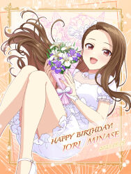 Rule 34 | 1girl, 2023, :d, absurdres, blush, bouquet, brown hair, character name, dated, dress, earrings, floating hair, flower, framed, highres, holding, holding bouquet, idolmaster, idolmaster (classic), jewelry, long hair, looking at viewer, minase iori, nail polish, necklace, open mouth, outline, pink gemstone, pink nails, purple flower, red eyes, shiro (ongrokm), short dress, short sleeves, smile, solo, straight hair, very long hair, white dress, white flower