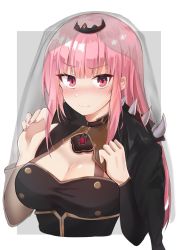 Rule 34 | 1girl, a312601621, absurdres, black dress, blush, breasts, capelet, cleavage, detached sleeves, dress, highres, hololive, hololive english, holomyth, large breasts, long hair, looking at viewer, mori calliope, nail polish, pink eyes, pink hair, pink nails, playing with own hair, shoulder spikes, simple background, solo, spikes, tiara, veil, virtual youtuber