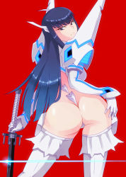 Rule 34 | 10s, 1girl, ass, bad id, bad pixiv id, bakuzan, black hair, boots, contrapposto, elbow gloves, from behind, gloves, grey eyes, hair ornament, hairclip, junketsu, katana, kill la kill, kiryuuin satsuki, looking back, red background, revealing clothes, standing, sword, thigh boots, thighhighs, thong, weapon, you06