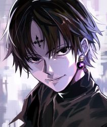 Rule 34 | 1boy, black hair, black shirt, chrollo lucilfer, closed mouth, cross tattoo, earrings, forehead tattoo, hunter x hunter, jewelry, looking at viewer, male focus, pokimari, shirt, short hair, smile, solo, symbol-only commentary, upper body
