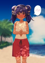 Rule 34 | 1girl, @ @, absurdres, beach, blue sky, blunt bangs, blurry, blurry background, blush, closed mouth, cloud, collarbone, dappled sunlight, drawstring, embarrassed, feet out of frame, female focus, fire emblem, fire emblem: the sacred stones, flat chest, hair tie, highres, houmatu awa, long hair, looking at viewer, male swimwear, male swimwear challenge, multi-tied hair, myrrh (fire emblem), nintendo, nipples, ocean, own hands together, pale skin, palm tree, public indecency, purple hair, red eyes, red male swimwear, red shorts, red swim trunks, shade, shadow, shorts, sky, solo, spoken blush, sunlight, sweat, swim trunks, tan, tanline, topless, tree, twintails