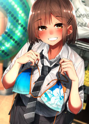 Rule 34 | 1girl, :d, bad id, bad pixiv id, bikini, bikini top only, black skirt, blue bikini, brown eyes, brown hair, buttons, collared shirt, commentary request, dress shirt, floral print, grin, hair ornament, hairclip, highres, holding, looking at viewer, miniskirt, necktie, open mouth, original, pleated skirt, rerrere, school uniform, shirt, shirt tucked in, short hair, sidelocks, skirt, smile, solo, striped necktie, striped neckwear, swimsuit, teeth, white shirt