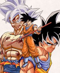 Rule 34 | 3boys, abs, arms at sides, black eyes, black hair, blood, blood drip, blood from mouth, blood on face, blue footwear, boots, closed mouth, derivative work, dougi, dragon ball, dragon ball super, dragonball z, frown, full body, grey eyes, grey hair, highres, holding, holding weapon, leaning, leaning forward, looking at viewer, looking to the side, male focus, multiple boys, multiple persona, muscular, nagare seiya, nipples, ruyi jingu bang, official style, pectorals, retro artstyle, scratches, serious, shaded face, shirt, simple background, son goku, spiked hair, topless male, toriyama akira (style), torn clothes, torn shirt, ultra instinct, upper body, weapon, white background, wristband