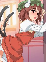 Rule 34 | 1girl, against wall, animal ears, bad id, bad pixiv id, blush, brown hair, cat ears, cat girl, cat tail, chen, female focus, hat, indoors, kitchen, multiple tails, nekomata, oekaki, open mouth, red eyes, short hair, solo, tail, tail fondling, tonbi, touhou, uncommon stimulation