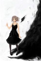Rule 34 | 1girl, black dress, black wings, chain, darkness, dress, full body, looking at viewer, original, pantyhose, pigeon-toed, shoes, short hair, single wing, solo, standing, travo, wings
