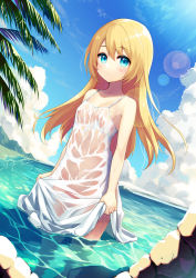 Rule 34 | 1girl, aqua eyes, bare shoulders, beach, blonde hair, breasts, clothes lift, cloud, collarbone, commentary request, dress, dress lift, hair between eyes, jervis (kancolle), kantai collection, lens flare, long hair, looking at viewer, minamura haruki, nipples, no bra, ocean, outdoors, parted lips, see-through, sky, small breasts, solo, standing, sunlight, wading, water, wet, wet clothes, white dress