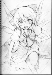 Rule 34 | cirno, collared shirt, dress, embodiment of scarlet devil, greyscale, hair between eyes, monochrome, pinafore dress, shirt, sketch, sleeveless dress, solo, touhou, traditional media, vent arbre