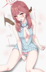 Rule 34 | 1boy, 1girl, absurdres, after fellatio, aru (blue archive), bare shoulders, blue archive, blush, breasts, brown eyes, brown hair, cleavage, cleavage cutout, clothing cutout, hetero, highres, horns, long hair, medium breasts, meme attire, murabito c, open mouth, panties, penis, pink panties, ribbed sweater, saliva, saliva trail, sitting, sleeveless, solo focus, speech bubble, sweat, sweater, underwear