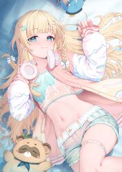 1girl absurdres aqua_eyes blonde_hair braid character_doll crop_top fingernails hair_ornament headphones headphones_around_neck highres hololive hoshimachi_suisei jacket kazama_iroha kazama_iroha_(street) leaf_hair_ornament long_hair lying midriff navel on_back pokobee shorts smile tsubasasekai twin_braids virtual_youtuber