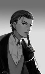 Rule 34 | 1boy, black bow, black gloves, black hair, black jacket, blue jacket, bow, collared shirt, fate/grand order, fate (series), formal, gloves, greyscale, jacket, long sleeves, looking to the side, male focus, monochrome, neckwear request, sherlock holmes (fate), shirt, short hair, signature, solo, suit, tooaya, upper body, white shirt