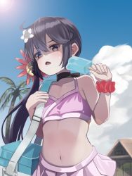 Rule 34 | 1girl, akebono (kancolle), bare arms, bare shoulders, bell, bikini, day, flower, food, hair bell, hair between eyes, hair flower, hair ornament, highres, holding, holding food, jingle bell, kantai collection, long hair, navel, open mouth, palm tree, pink bikini, pink flower, popsicle, purple eyes, purple hair, red scrunchie, scrunchie, side ponytail, solo, swimsuit, totoraisu, tree, upper body, wrist scrunchie